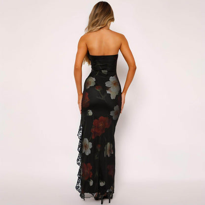 Printed Lace Stitching Wrapped Chest Dew Dress - Which Mark