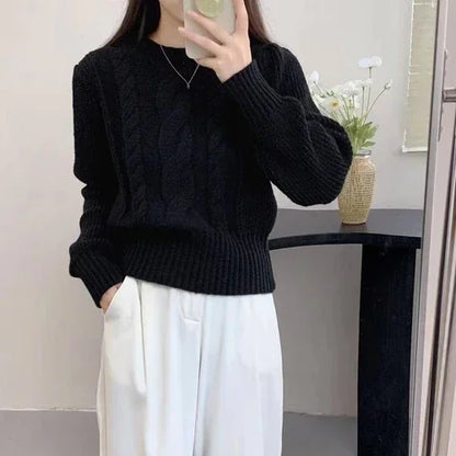 Round Neck Lantern Sleeve Cable-knit Sweater - Which Mark
