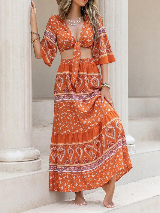 Printed Plunge Half Sleeve Top and Skirt Set - Which Mark