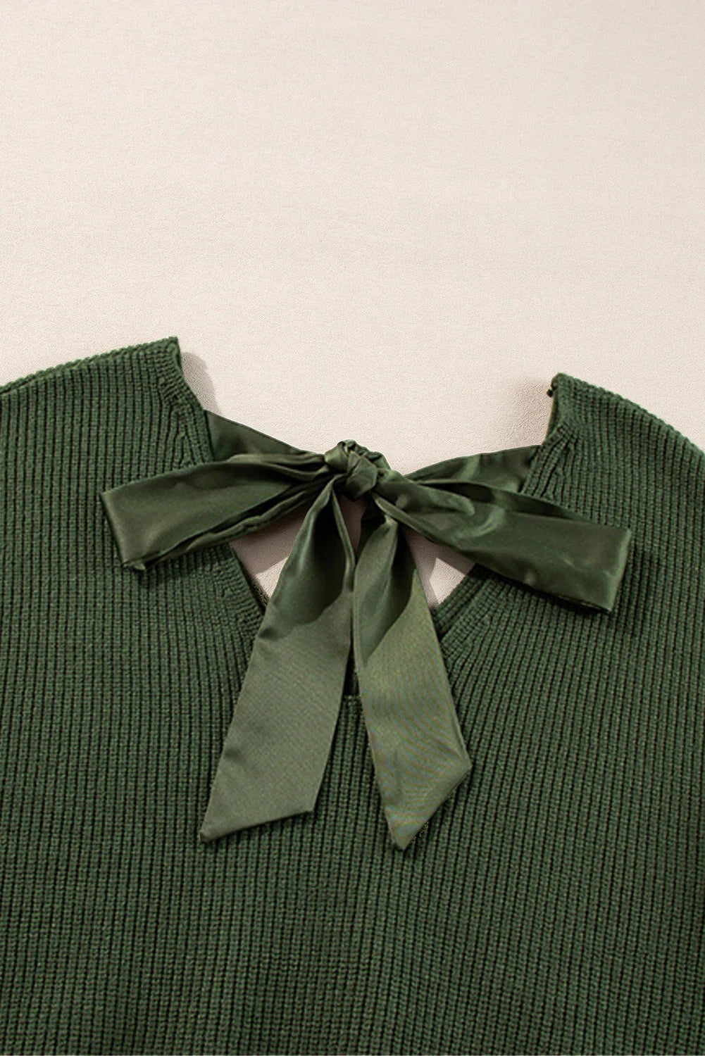 Jungle Green Lantern Sleeve V Neck Knot Back Sweater - Which Mark