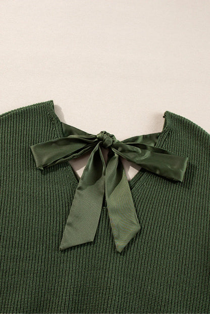 Jungle Green Lantern Sleeve V Neck Knot Back Sweater - Which Mark