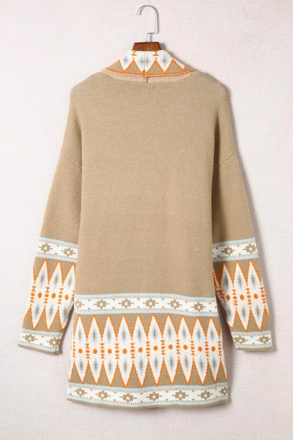 Khaki Aztec Print Open Front Knitted Cardigan - Which Mark
