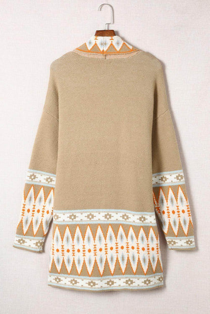 Khaki Aztec Print Open Front Knitted Cardigan - Which Mark