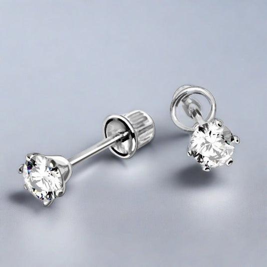 Pair of 14Kt. White Gold Round CZ Earring with Screw Back - Which Mark