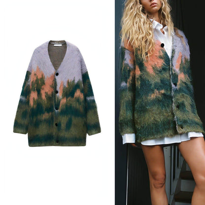 Women Sweater Long Sleeve V-neck Landscape Pattern Knitted - Which Mark
