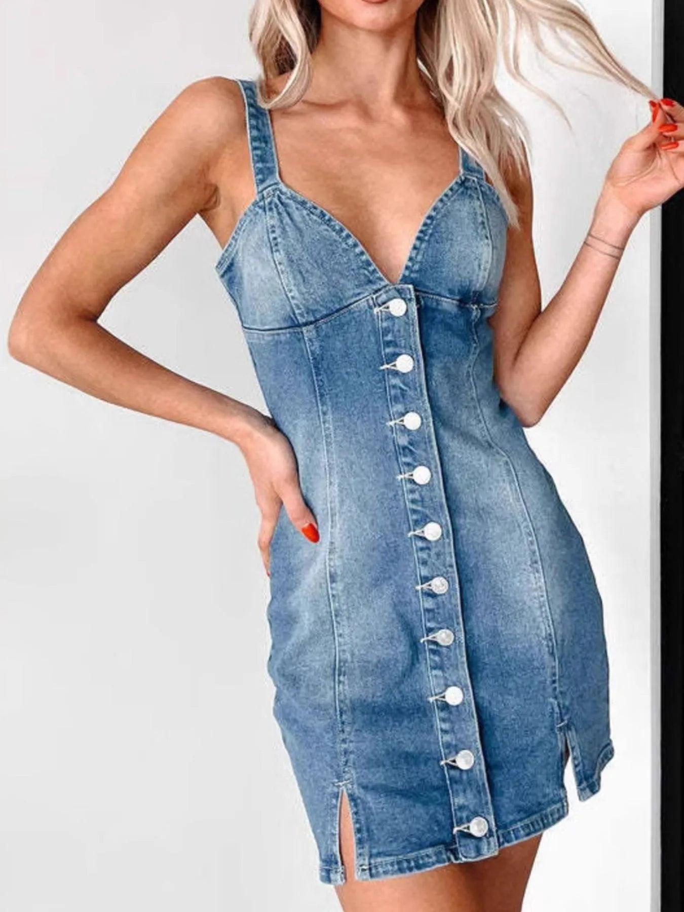 Button Front Sweetheart Neck Denim Mini Dress - Which Mark