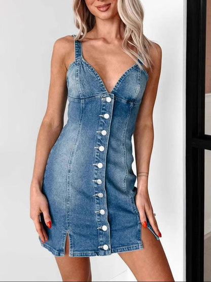 Button Front Sweetheart Neck Denim Mini Dress - Which Mark