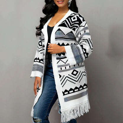 Ladies Tassel Hem Jacquard Cardigan Sweater - Which Mark