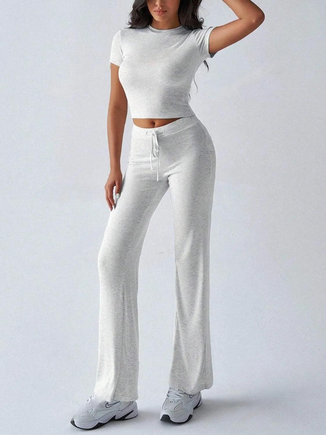 Round Neck Short Sleeve Top and Pants Set - Which Mark