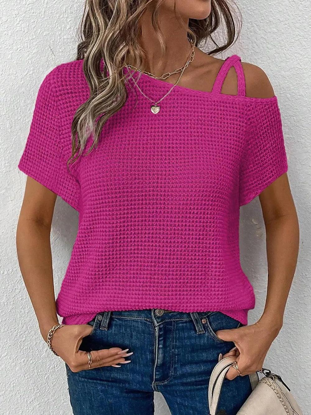 Asymmetrical Neck Short Sleeve T-Shirt - Which Mark