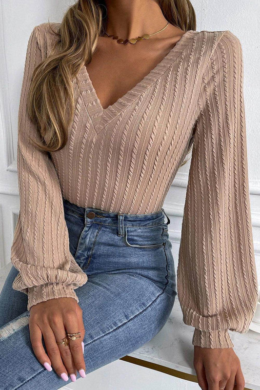 Khaki Knitted Jacquard V Neck Lantern Sleeve Top - Which Mark