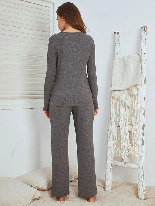 Notched Long Sleeve Top and Pants Set - Which Mark