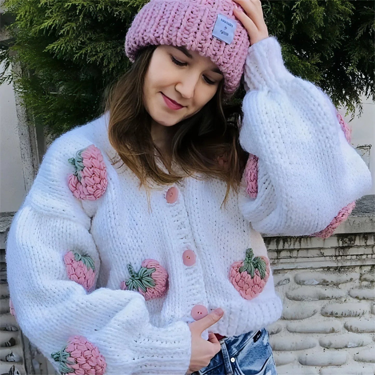 Handmade Crochet Cardigan Sweater Women Fruit Jacquard Embroidery - Which Mark