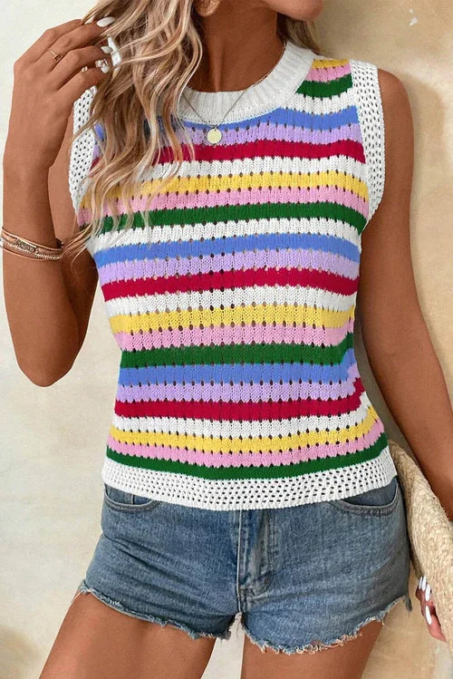 Multicolour Striped Knitted Eyelet Slim Sweater Vest - Which Mark