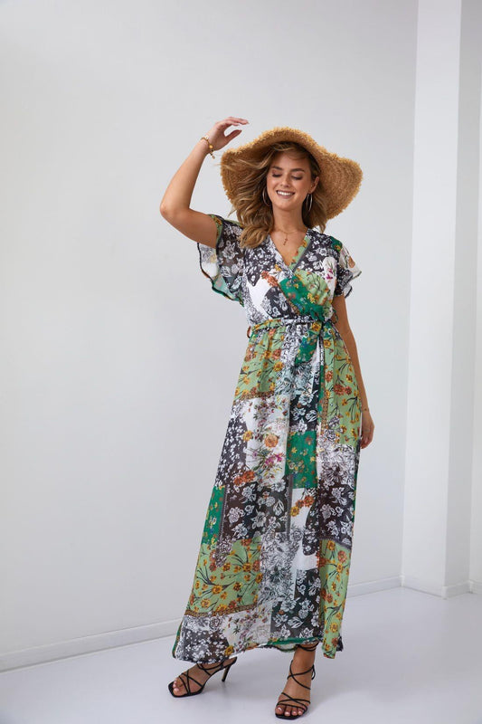 Maxi wrap dress with a belt, green FG646 - Which Mark
