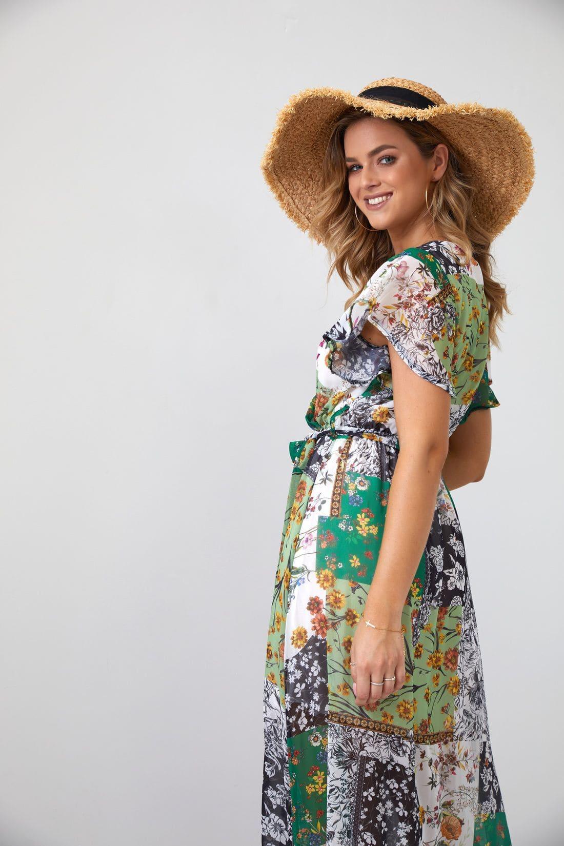 Maxi wrap dress with a belt, green FG646 - Which Mark