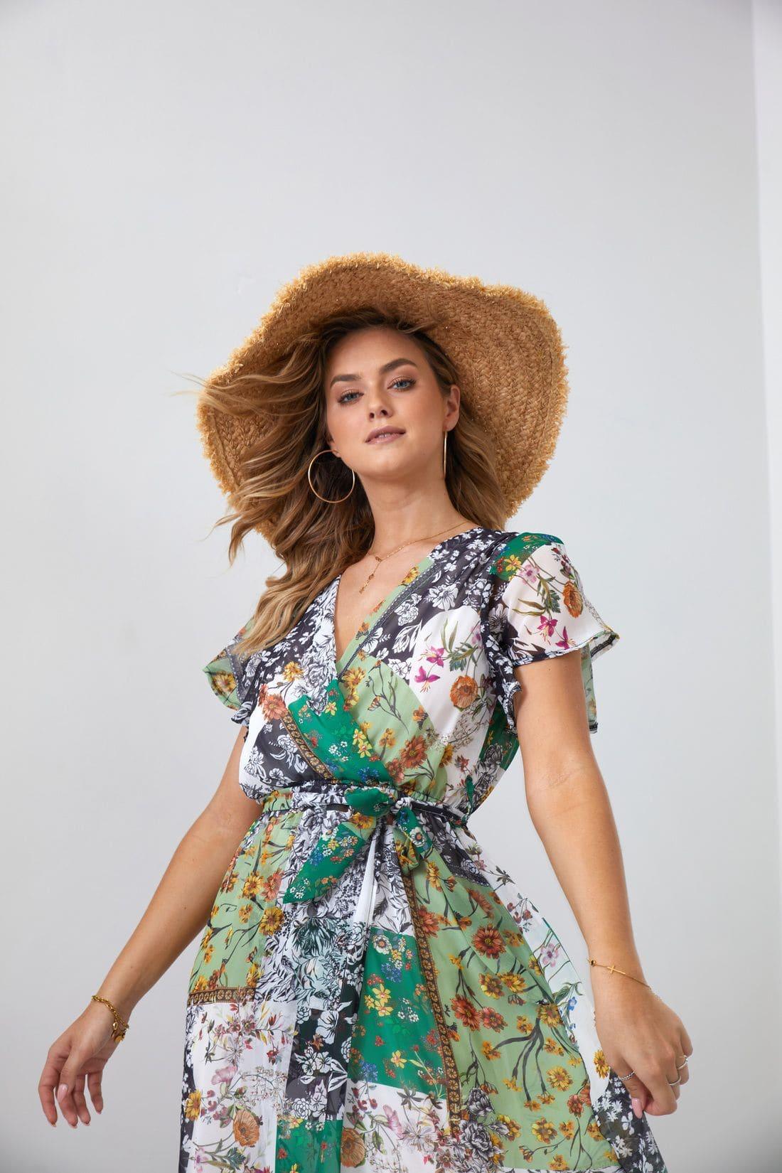 Maxi wrap dress with a belt, green FG646 - Which Mark