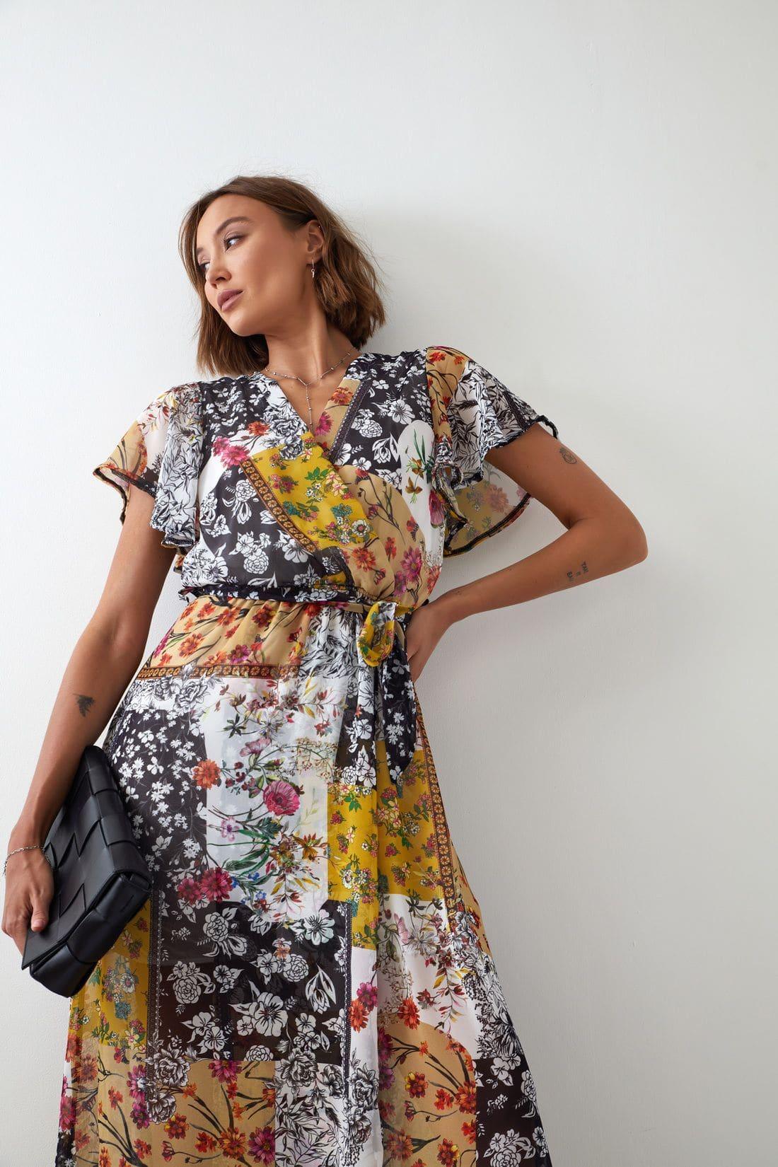 Maxi wrap dress with a belt, yellow FG646 - Which Mark