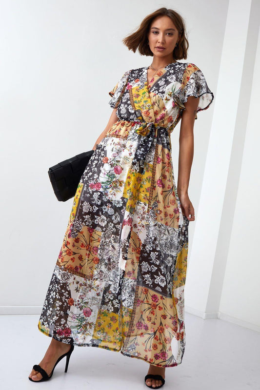 Maxi wrap dress with a belt, yellow FG646 - Which Mark