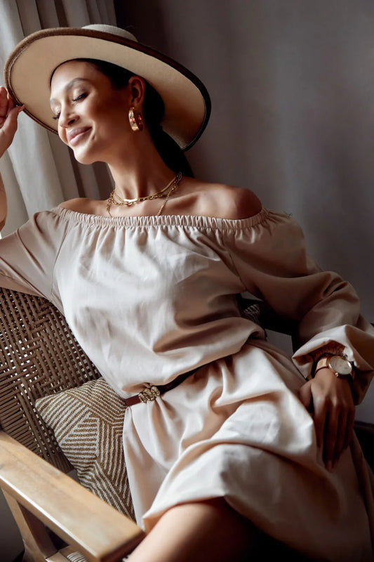 Oversize trapeze dress with a puffy bottom, beige FG653 - Which Mark