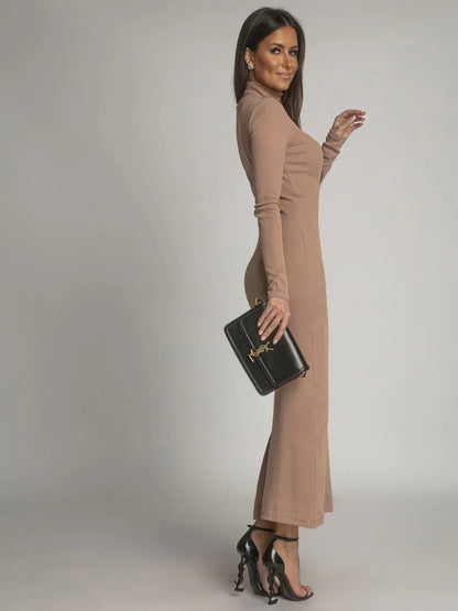 Cotton fitted maxi dress with cappuccino turtleneck FG680 - Which Mark