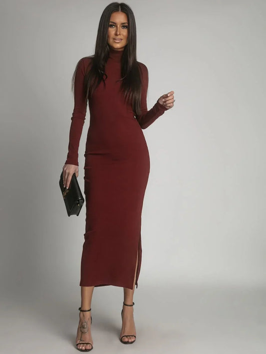 Cotton fitted maxi dress with a turtleneck, burgundy FG680 - Which Mark