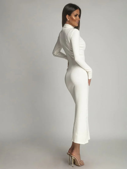 Cotton fitted maxi dress with a turtleneck ekri FG680 - Which Mark