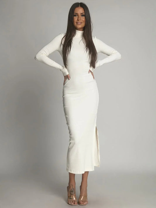 Cotton fitted maxi dress with a turtleneck ekri FG680 - Which Mark