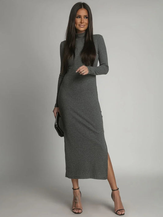Cotton fitted maxi dress with a turtleneck, graphite FG680 - Which Mark