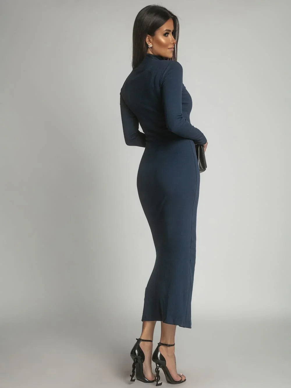 Cotton fitted maxi dress with a turtleneck, navy blue FG680 - Which Mark