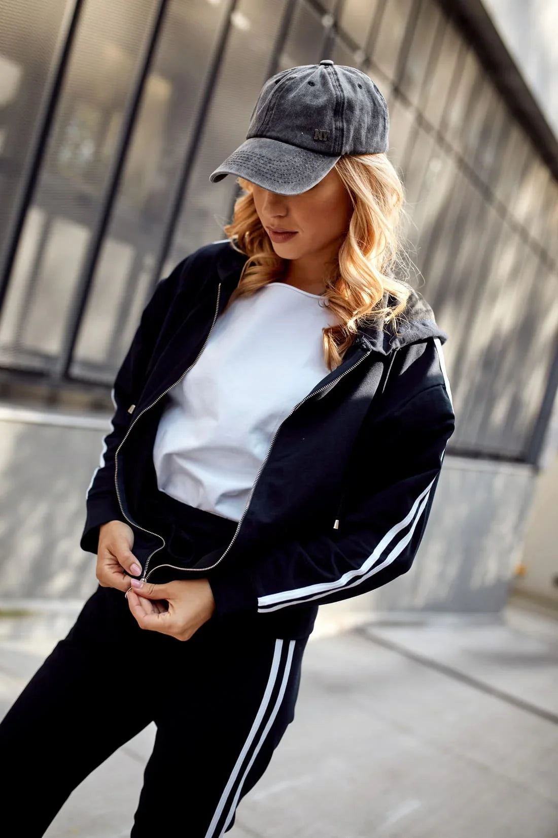 Women's tracksuit set with stripes, navy blue FI713 - Which Mark