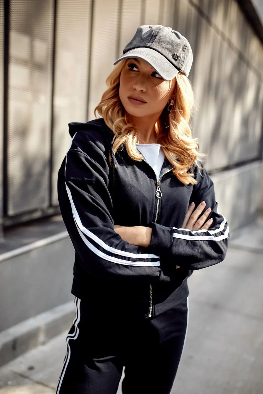 Women's tracksuit set with stripes, navy blue FI713 - Which Mark