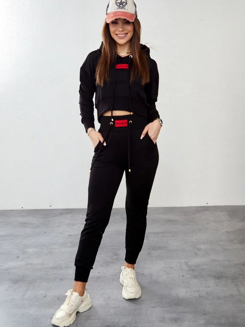 Women's tracksuit set with an asymmetric sweatshirt, black FI718 - Which Mark
