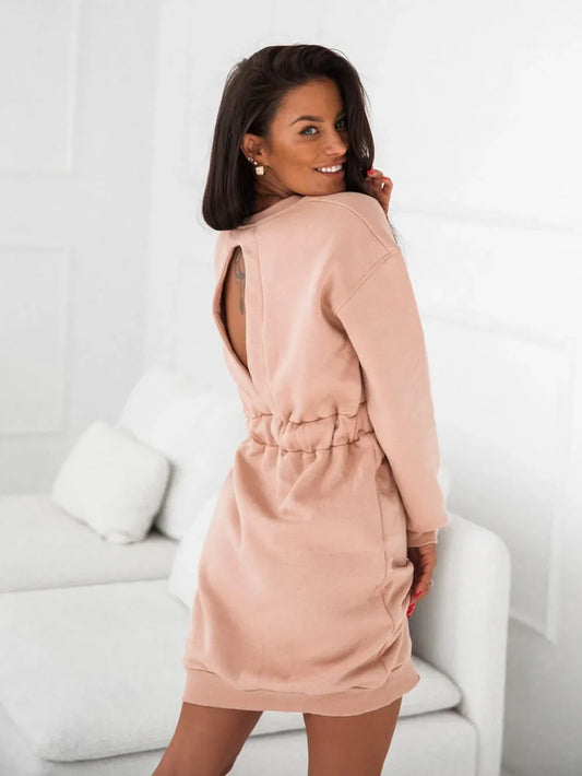Warm dress with a cutout on the back, beige FI719 - Which Mark