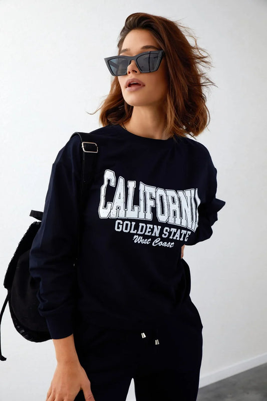 Women's tracksuit set with an application, navy blue FI728 - Which Mark