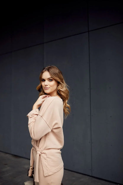 Smooth women's tracksuit with an asymmetric sweatshirt, beige FI731 - Which Mark