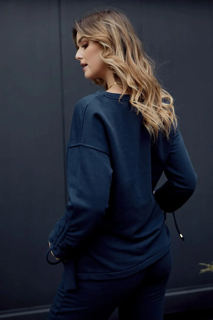 Smooth women's tracksuit with an asymmetric sweatshirt, navy blue - Which Mark