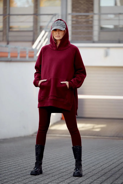 Women's set oversize sweatshirt and striped leggings burgundy FI764 - Which Mark
