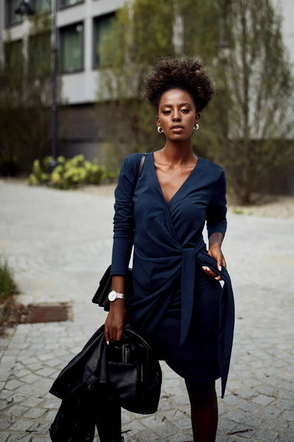 Envelope dress with an asymmetrical bottom, navy blue FK623 - Which Mark
