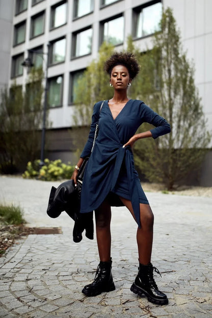 Envelope dress with an asymmetrical bottom, navy blue FK623 - Which Mark