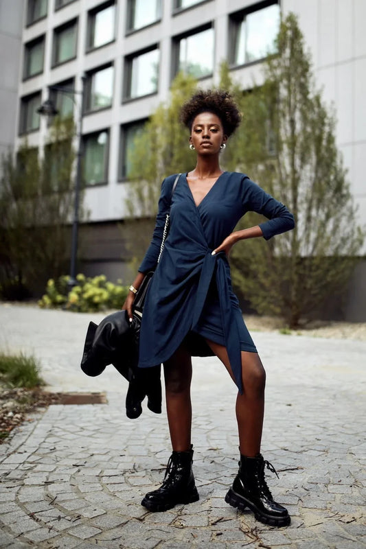 Envelope dress with an asymmetrical bottom, navy blue FK623 - Which Mark