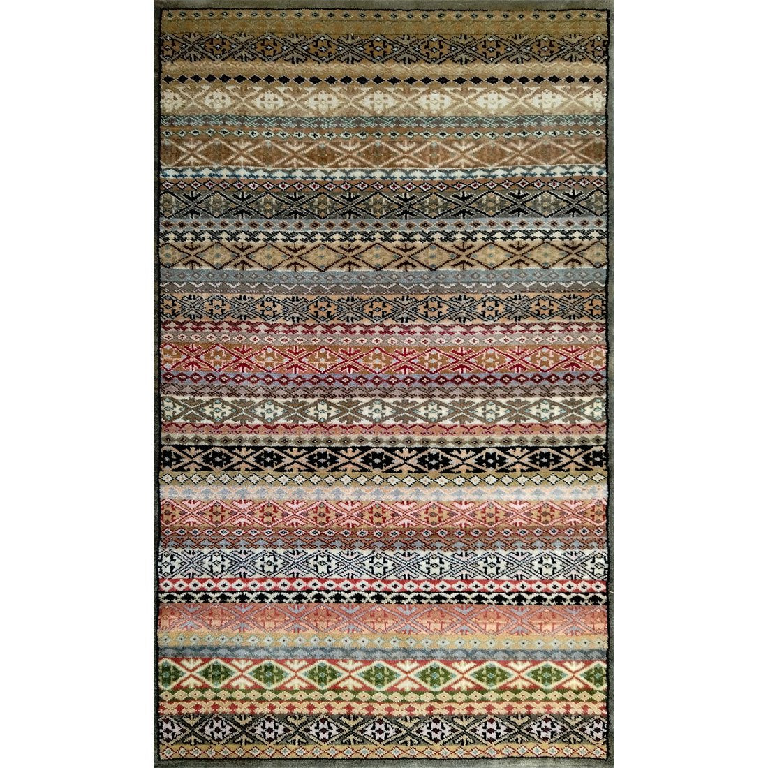 3×5 Feet Hand Knotted Zanjeera Wool Carpet Olive & Multi - Which Mark
