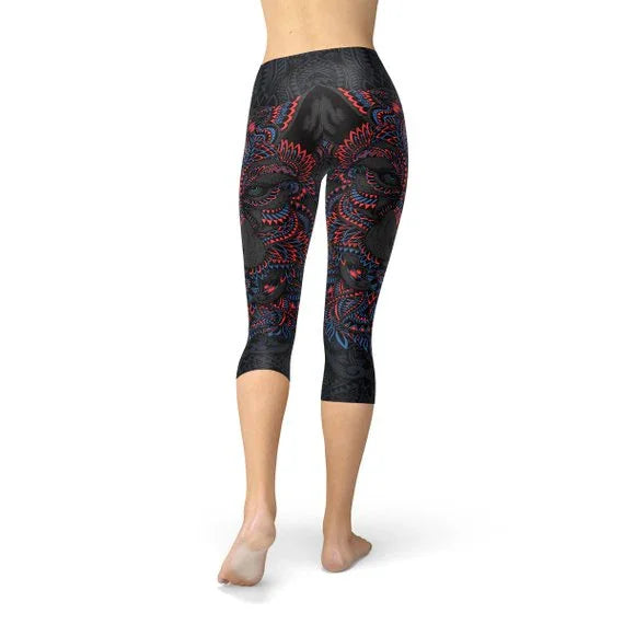 Womens Oriental Black Wolf Capri Leggings - Which Mark