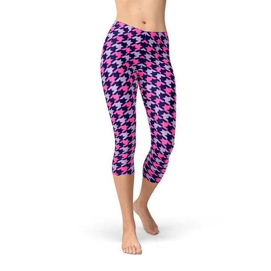 Houndstooth Pink Purple Capri Leggings - Which Mark