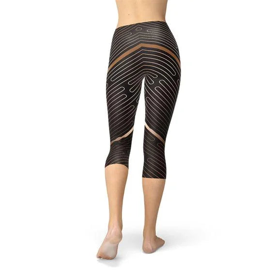Womens Striped Lines Sports Brown Capri Leggings - Which Mark