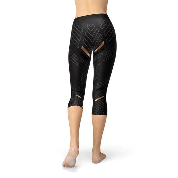 Womens Sports Stripes Black Capri Leggings - Which Mark