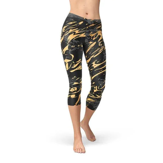 Womens Black Marble w/ Gold Splash Capri Leggings - Which Mark