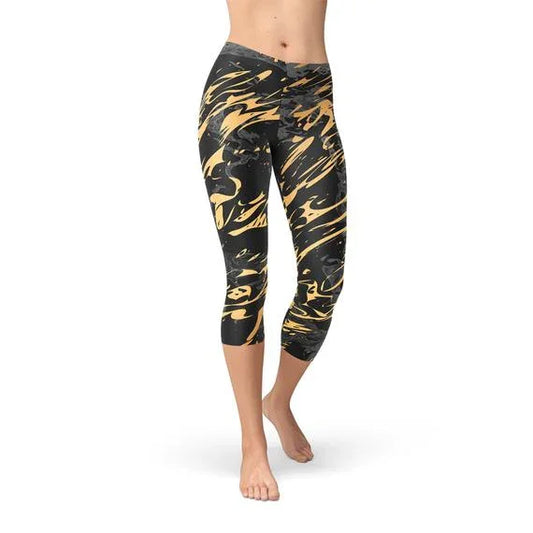 Womens Black Marble w/ Gold Splash Capri Leggings - Which Mark