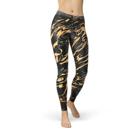 Womens Black Marble w/ Gold Splash Leggings - Which Mark