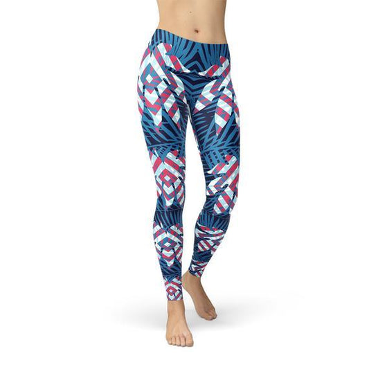 Blue Tropical Leaf Leggings for Women - Which Mark